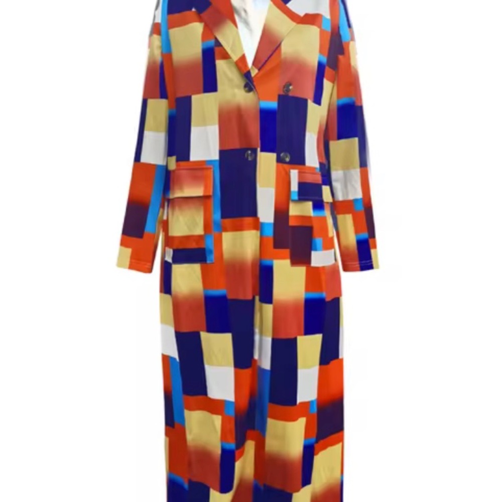 Reg. Turndown Collar Long Sleeve Plaid Print Patchwork Trench Multi-Color Coat